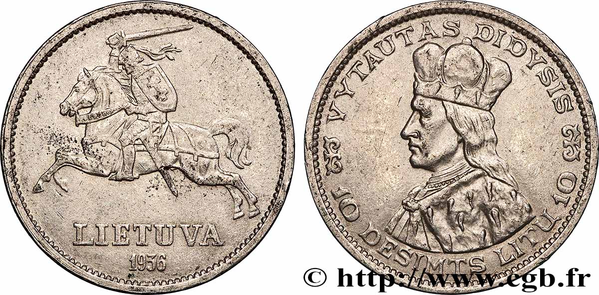 LITUANIE 10 Litu Vytautas le Grand 1936 TTB+