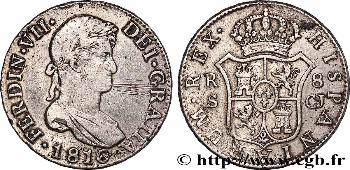 ESPAGNE - ROYAUME D ESPAGNE - FERDINAND VII 8 Reales 1816 Ségovie TB+