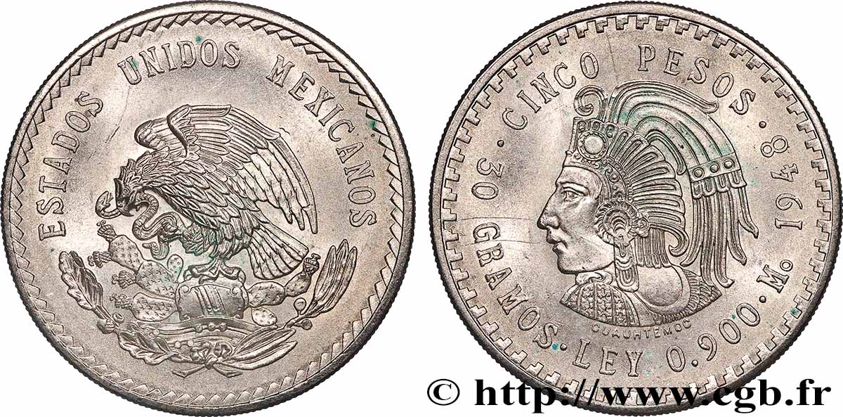 MEXIQUE 5 Pesos Buste de Cuauhtemoc 1948 Mexico SUP