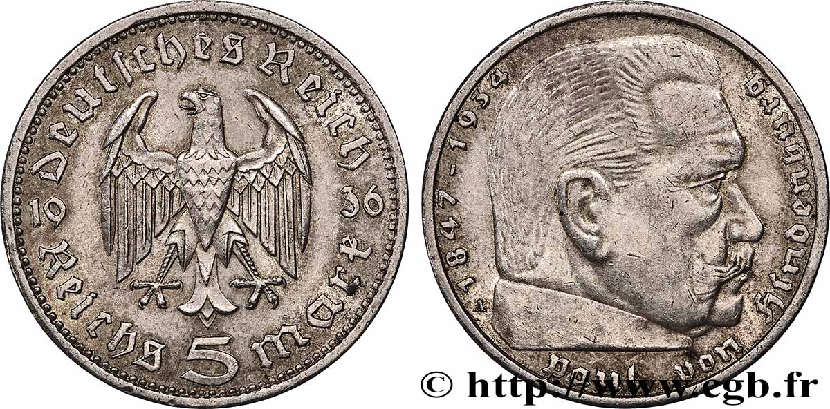 GERMANIA 5 Reichsmark Maréchal Paul von Hindenburg 1936 Berlin q.SPL