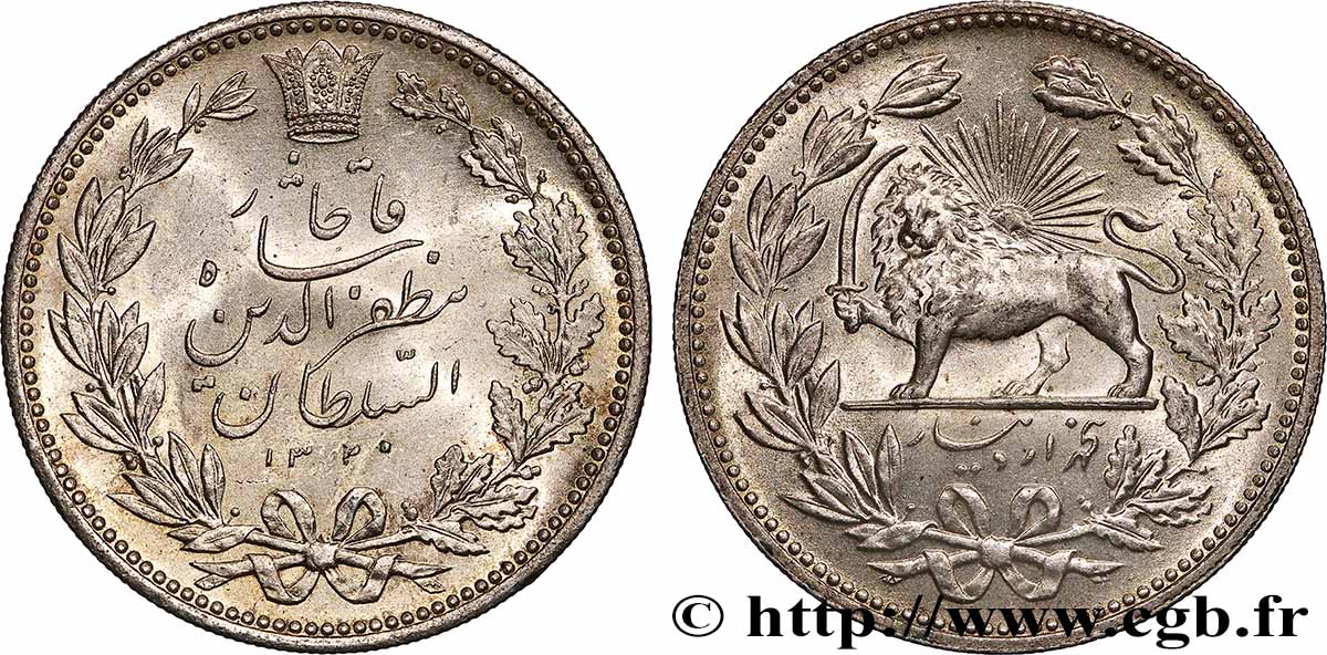 IRAN 5000 Dinars (5 Kran) frappe pour Muzaffar al-Din Shah AH 1320 (1902) SUP