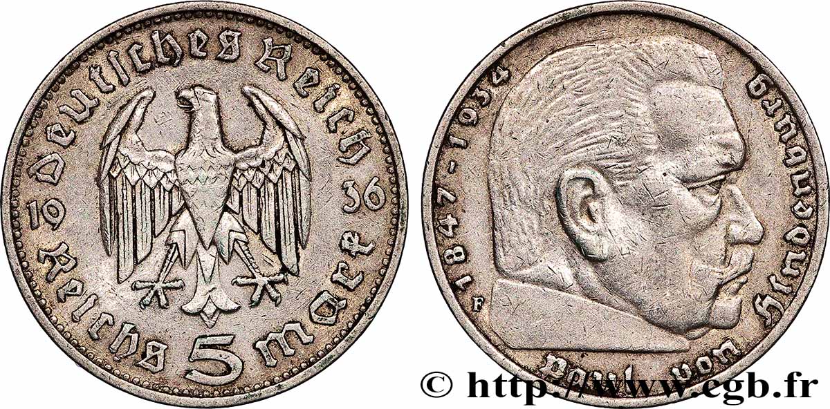 ALLEMAGNE 5 Reichsmark Maréchal Paul von Hindenburg 1936 Stuttgart TTB