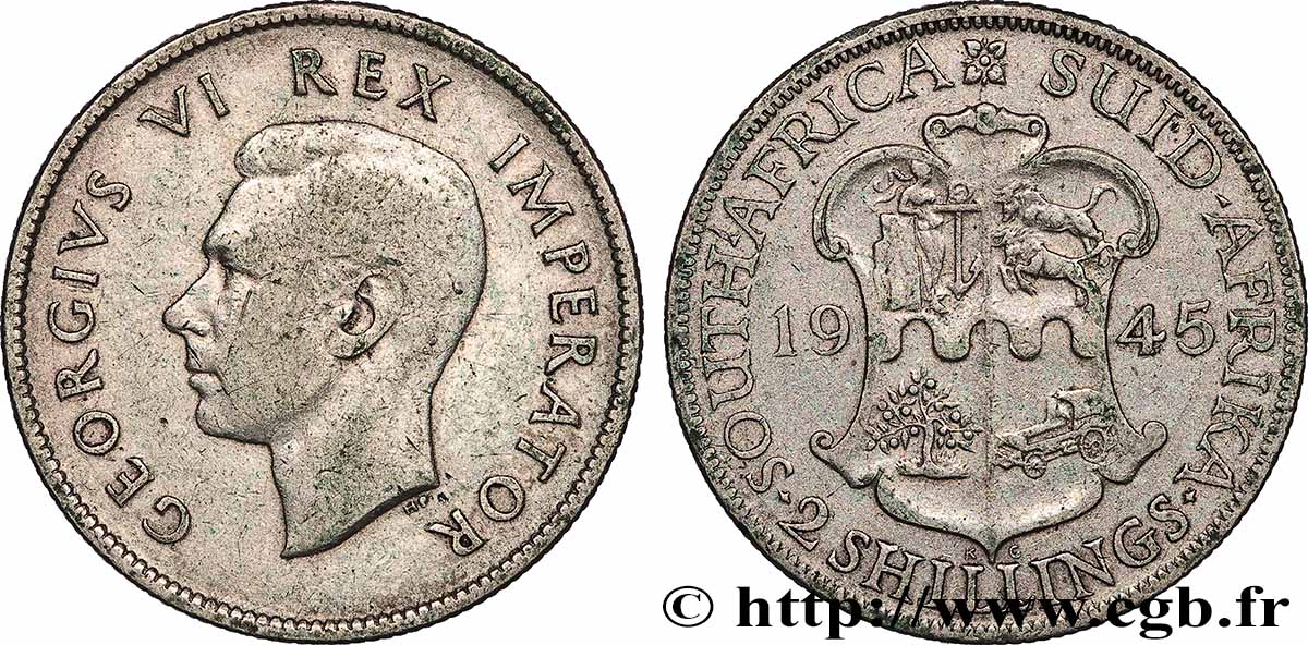 AFRIQUE DU SUD 2 Shillings Georges VI 1945 Pretoria TB+