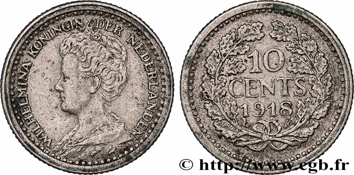 PAYS-BAS - ROYAUME DES PAYS-BAS - WILHELMINE 10 Cents 1918 Utrecht TTB
