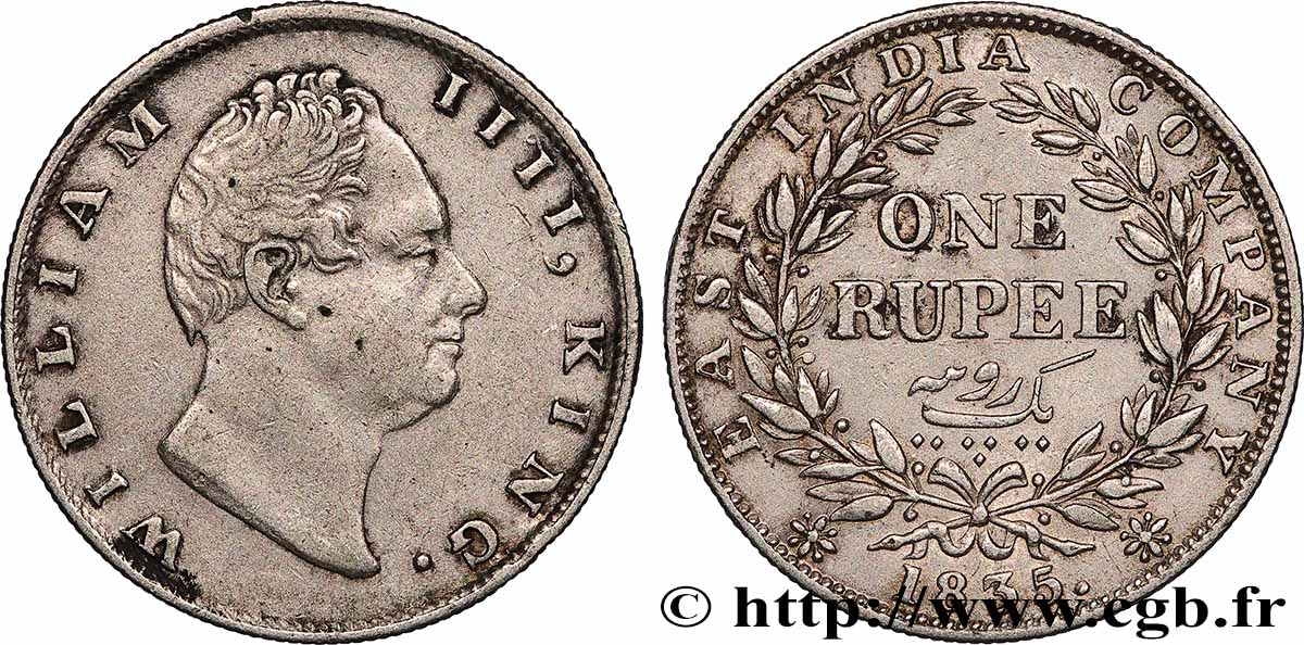 INDES BRITANNIQUES 1 Roupie (Rupee) East India Company William IV 1835 Calcutta TTB