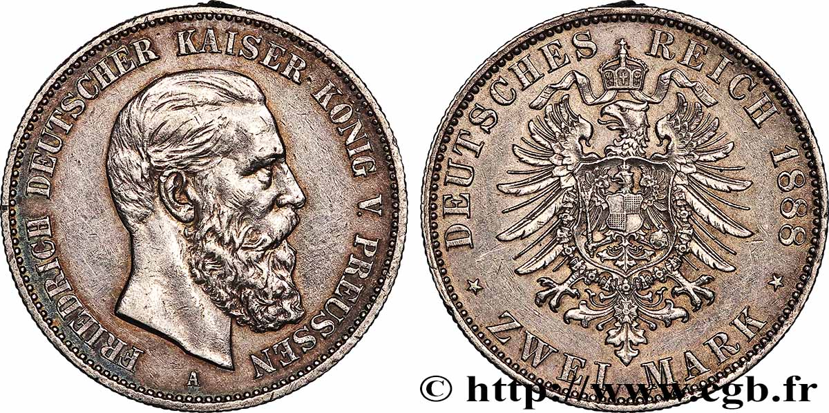ALLEMAGNE - ROYAUME DE PRUSSE - FRÉDÉRIC III 2 Mark 1888 Berlin TTB+