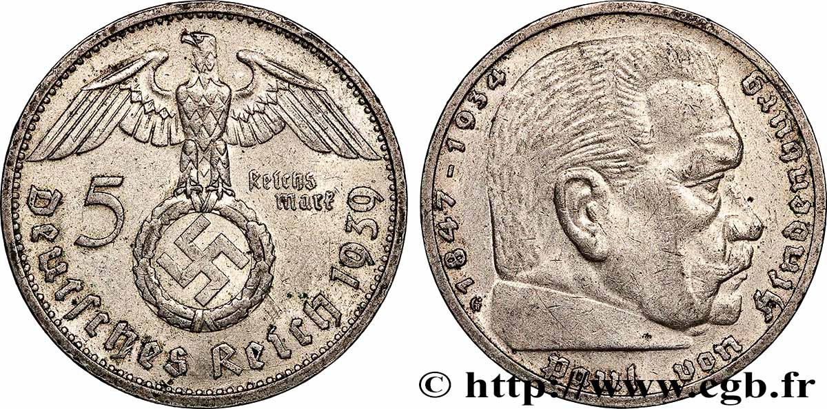 ALLEMAGNE 5 Reichsmark aigle / Maréchal Paul von Hindenburg 1939 Karlsruhe - G TTB+