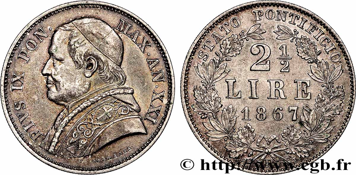 VATICAN ET ÉTATS PONTIFICAUX 2 1/2 Lire Pie IX an XXI 1867 Rome TTB