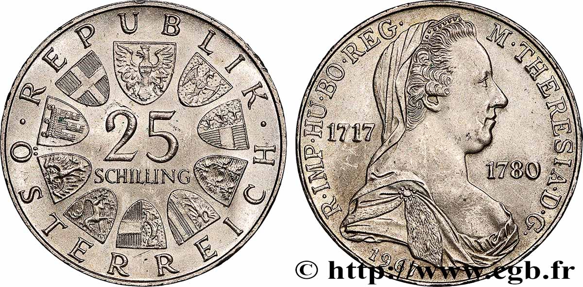 AUTRICHE 25 Schilling Proof 250e anniversaire de l’impératrice Marie-Thérèse 1967 Vienne SUP