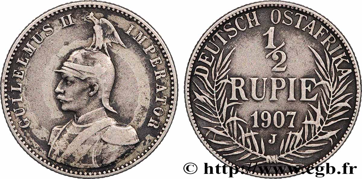 AFRIQUE ORIENTALE ALLEMANDE 1/2 Rupie (Roupie) Guillaume II 1907 Hambourg TTB