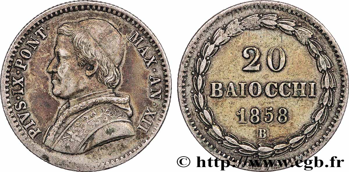 ITALIE - ÉTATS DU PAPE - PIE IX (Jean-Marie Mastai Ferretti) 20 Baiocchi an XII 1858 Rome TTB