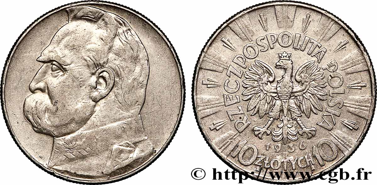 POLOGNE 10 Zlotych Maréchal Pilsudski 1936 Varsovie TTB