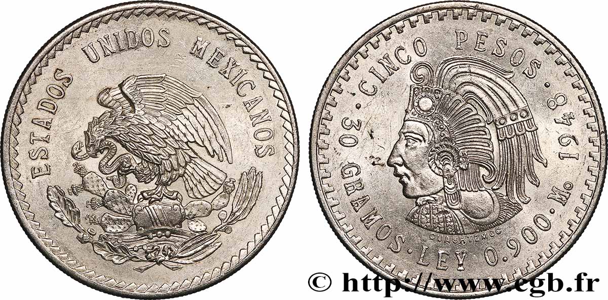 MEXIQUE 5 Pesos Buste de Cuauhtemoc 1948 Mexico SUP