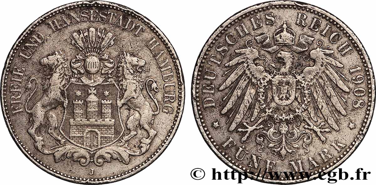 ALLEMAGNE - VILLE LIBRE DE HAMBOURG 5 Mark 1908 Hambourg TTB