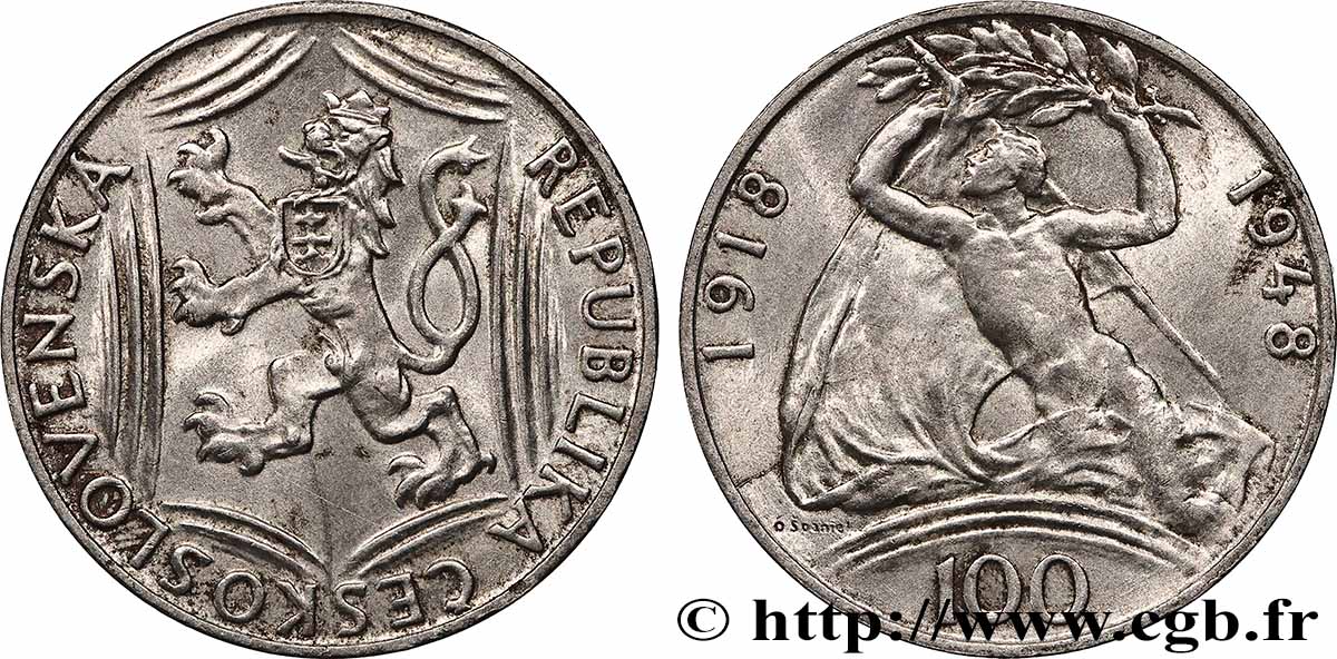 CZECHOSLOVAKIA 100 Korun 30e anniversaire de l’Indépendance 1948 Kremnica AU
