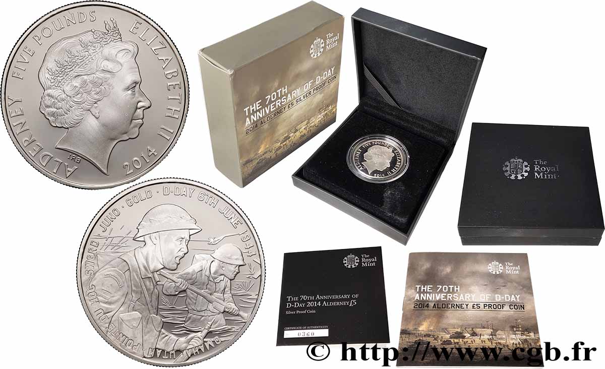 AURIGNY 5 Pounds (5 Livres) Proof 70e anniversaire du D-Day 2014 FDC