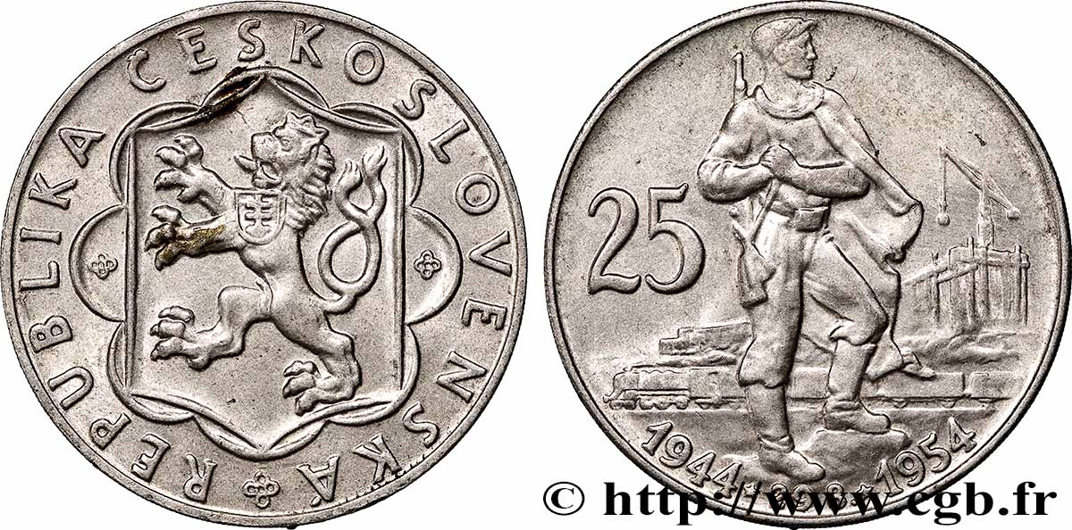 CHECOSLOVAQUIA 25 Korun 10e anniversaire du soulèvement slovaque 1954 MBC+