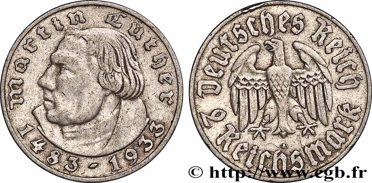 ALLEMAGNE 2 Reichsmark Martin Luther 1933 Berlin TTB