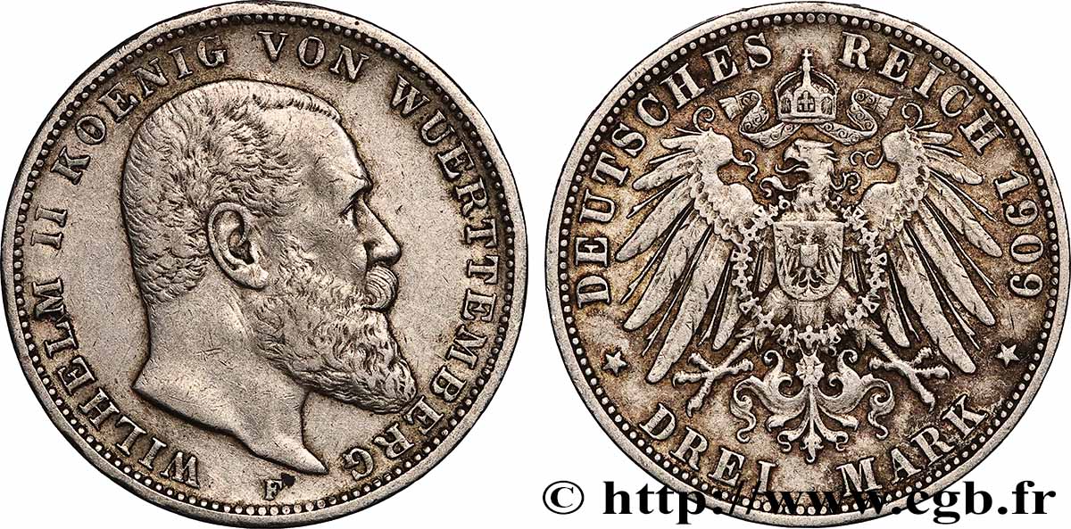 ALLEMAGNE - ROYAUME DE WURTEMBERG - GUILLAUME II 3 Mark 1909 Stuttgart TTB