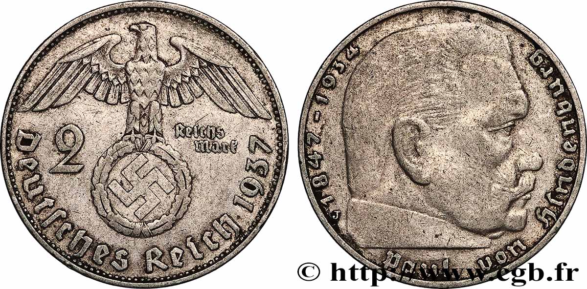 ALLEMAGNE 2 Reichsmark Maréchal Paul von Hindenburg 1937 Hambourg TTB