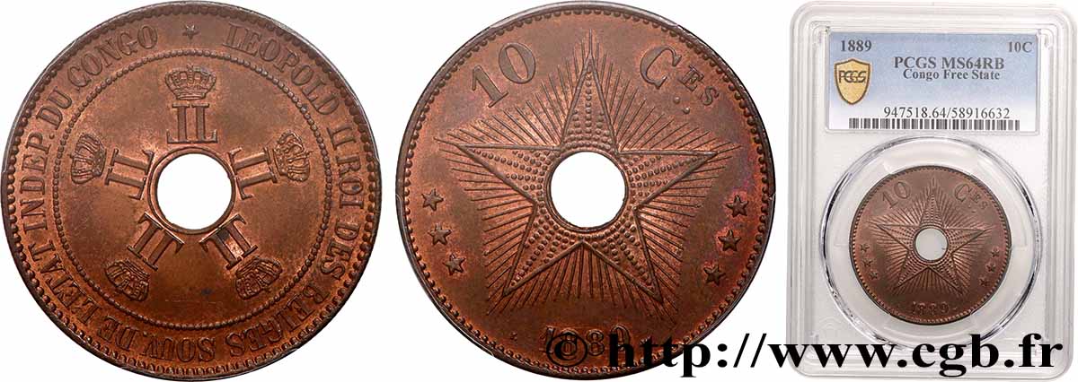 CONGO BELGE 10 Centimes 1889 SPL64 PCGS