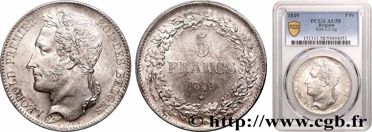 BELGIQUE - ROYAUME DE BELGIQUE - LÉOPOLD Ier 5 Francs Léopold Ier tête laurée 1849 SUP58 PCGS