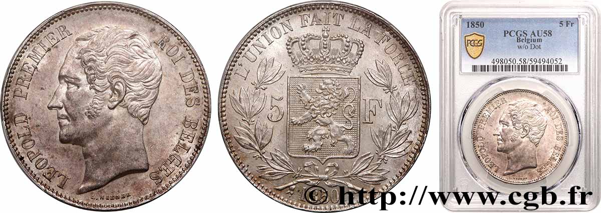 BELGIQUE - ROYAUME DE BELGIQUE - LÉOPOLD Ier 5 Francs 1850 SUP58 PCGS