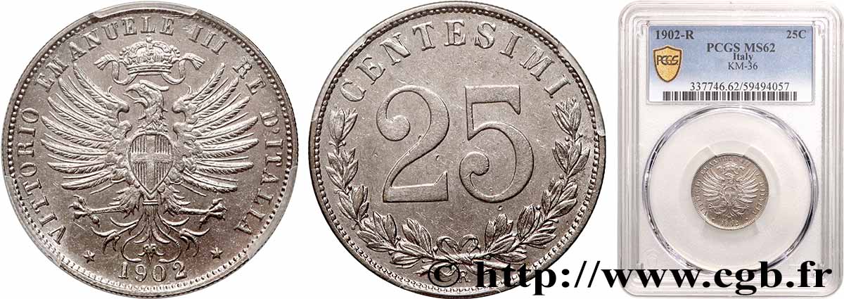 ITALIE - ROYAUME D ITALIE - VICTOR-EMMANUEL III 25 Centesimi 1902 Rome - R SUP62 PCGS