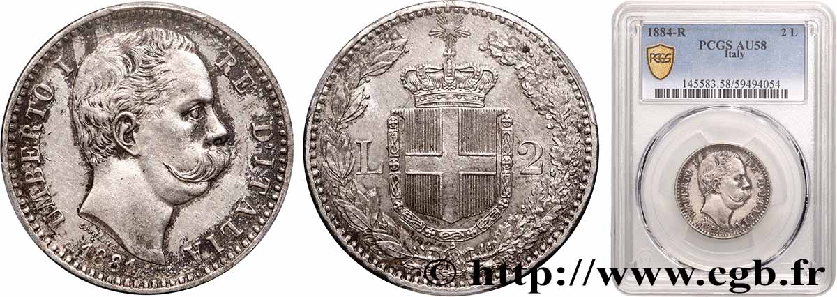 ITALIE 2 Lire Humbert Ier 1884 Rome SUP58 PCGS