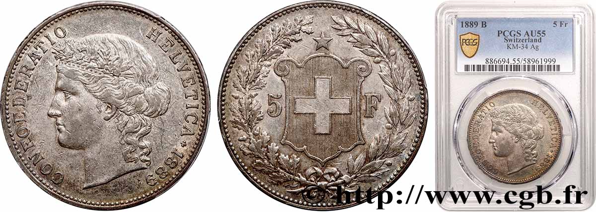 SUISSE 5 Francs Helvetia 1889 Berne SUP55 PCGS
