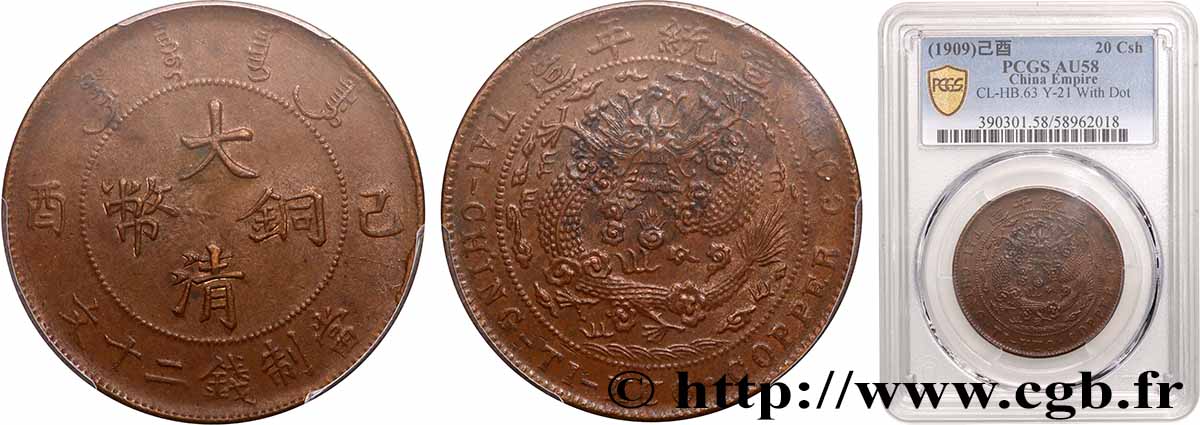 CHINE - EMPIRE - MONNAYAGE GÉNÉRAL UNIFIÉ 20 Cash 1909 Tianjin SUP58 PCGS