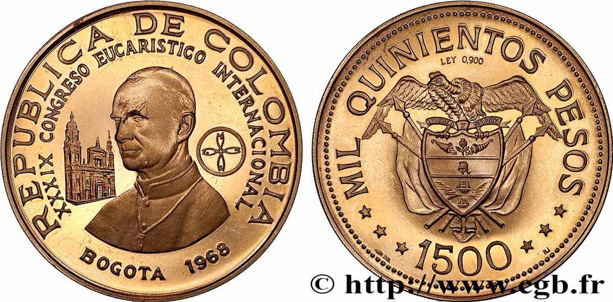 COLOMBIE 1500 Pesos Proof Congrès Eucharistique International en bronze doré 1968 Bogota FDC