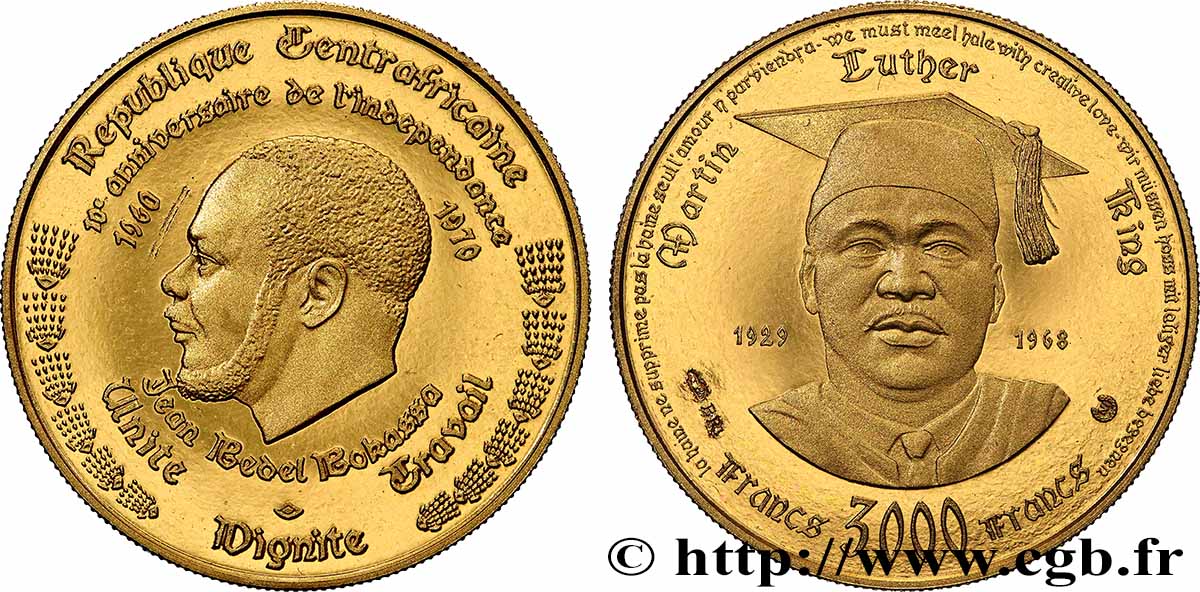 CENTRAL AFRICAN REPUBLIC 3000 Francs Proof 10e Anniversaire de l’Indépendance en bronze doré 1970 Paris MS