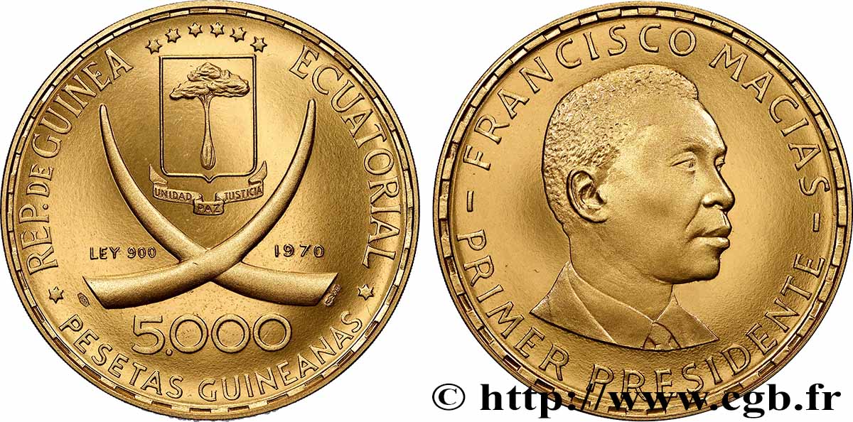 GUINÉE ÉQUATORIALE 5000 Pesetas Proof Francisco Macias en bronze doré 1970 FDC