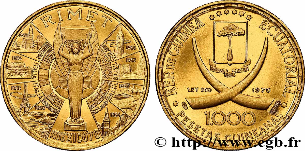 GUINEA EQUATORIALE 1000 Pesetas Proof Coupe du Monde de football en bronze doré 1970 FDC