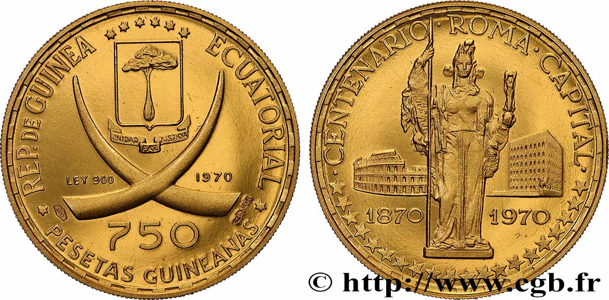 EQUATORIAL GUINEA 750 Pesetas Proof Rome en bronze doré 1970 MS