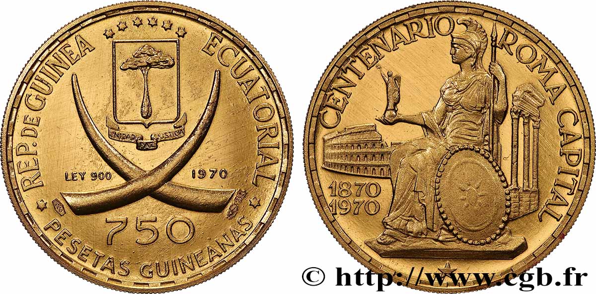 GUINÉE ÉQUATORIALE 750 Pesetas Proof Rome en bronze doré 1970 FDC