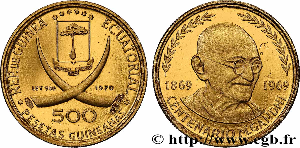 GUINÉE ÉQUATORIALE 500 Pesetas Proof Mahatma Gandhi en bronze doré 1970 FDC