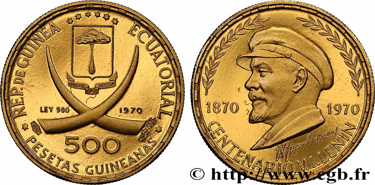 GUINÉE ÉQUATORIALE 500 Pesetas Proof Vladimir Lénine en bronze doré 1970 FDC