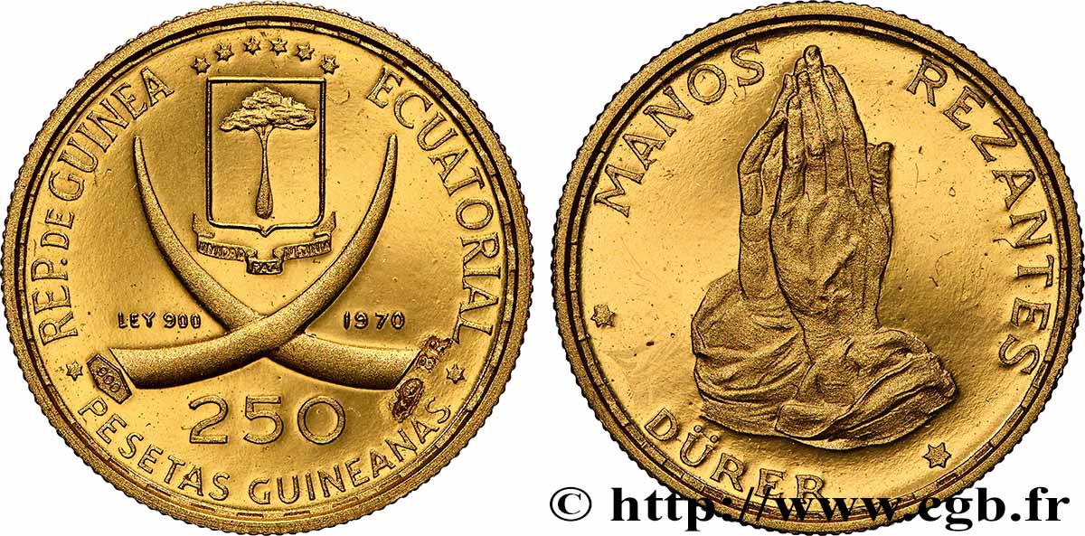 GUINÉE ÉQUATORIALE 250 Pesetas Proof Mains en prière de Dürer en bronze doré 1970 FDC