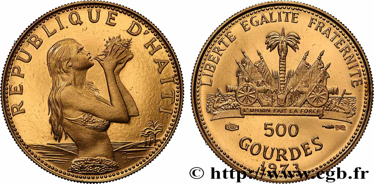 HAITI 500 Gourdes Proof femme au coquillage en bronze dorée 1973 MS