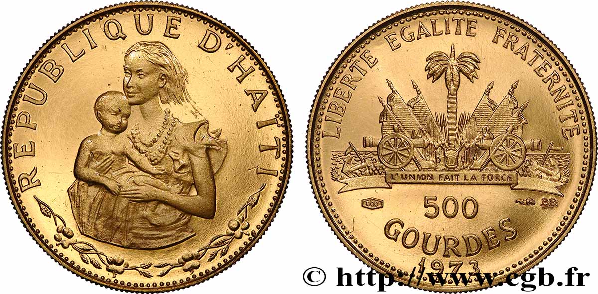 HAÏTI 500 Gourdes Proof femme à l’enfant en bronze doré 1973 FDC