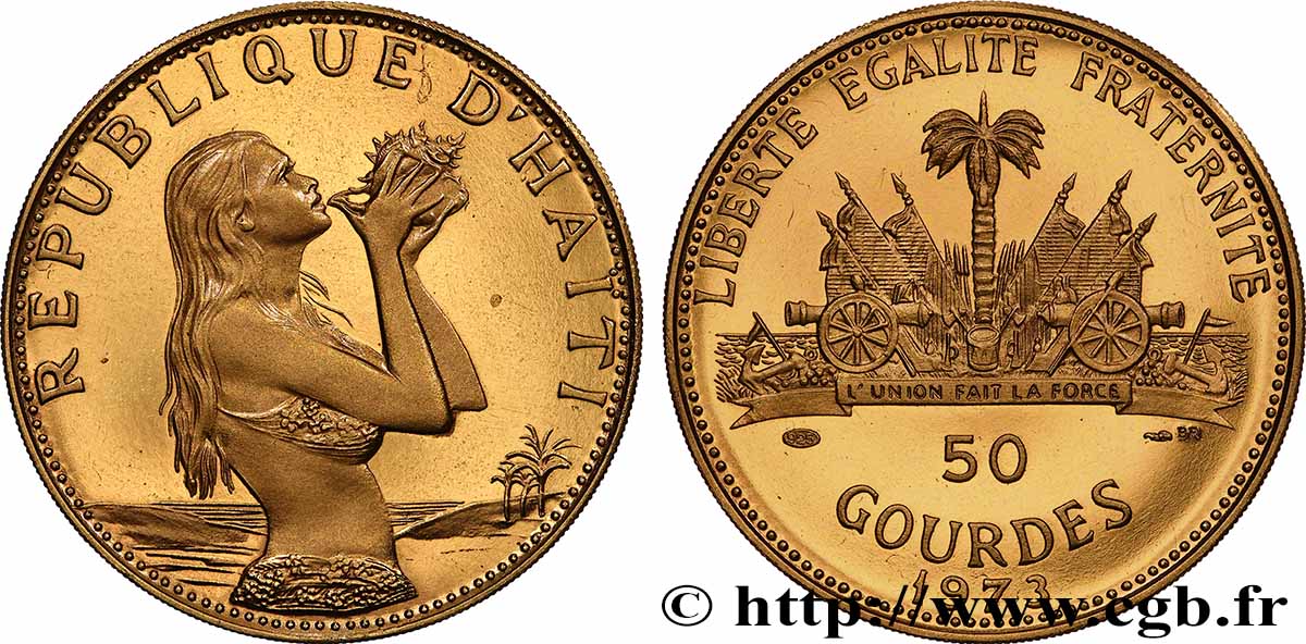 HAITI 50 Gourdes Proof femme au coquillage en bronze dorée 1973 FDC