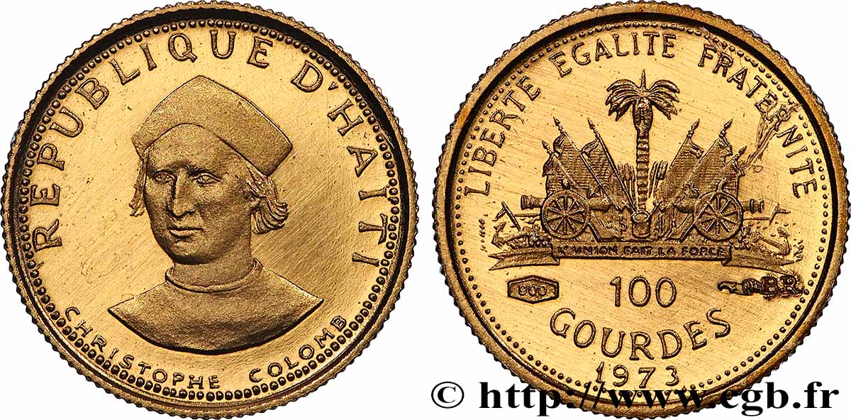HAÏTI 100 Gourdes Proof Christophe Colomb en bronze doré 1973 FDC