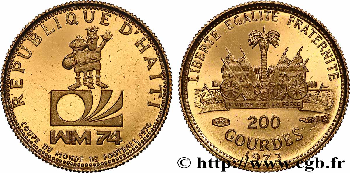 HAÏTI 200 Gourdes Proof mascottes coupe du Monde de football 1974 en bronze doré 1973 FDC