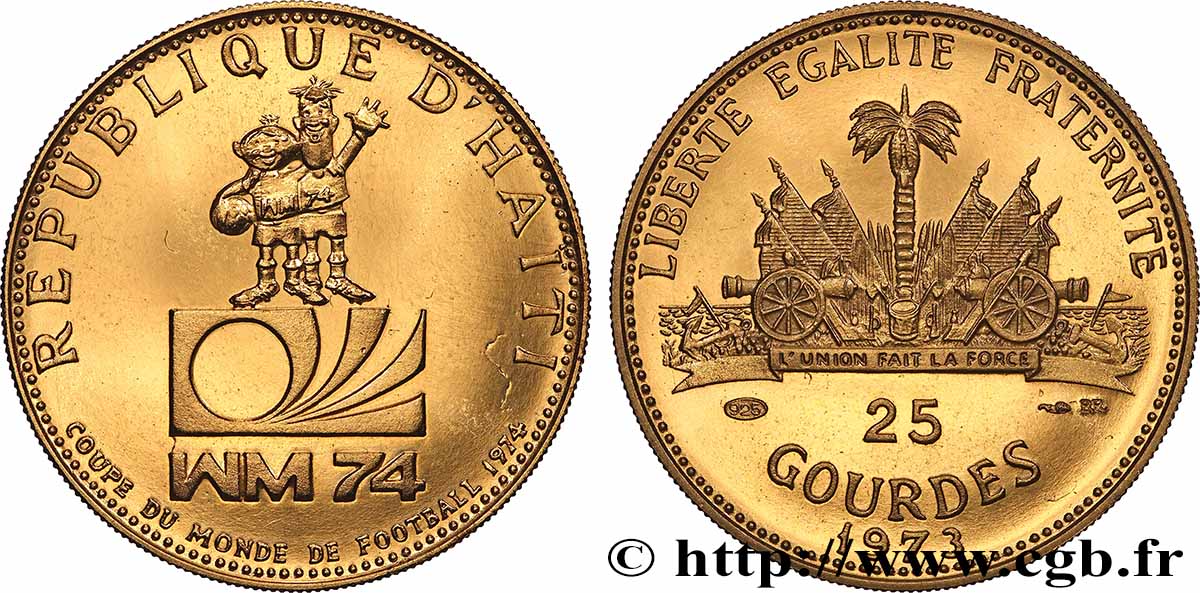 HAÏTI 25 Gourdes Proof mascottes coupe du Monde de football 1974 en bronze doré 1973 FDC