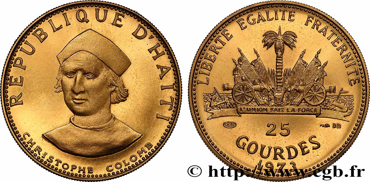 HAÏTI 25 Gourdes Proof Christophe Colomb en bronze doré 1973 FDC