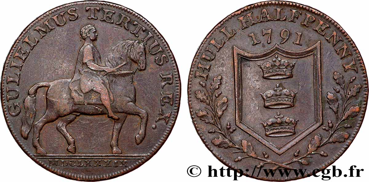 ROYAUME-UNI (TOKENS) 1/2 Penny Hull - Guillaume III à cheval 1791 TTB