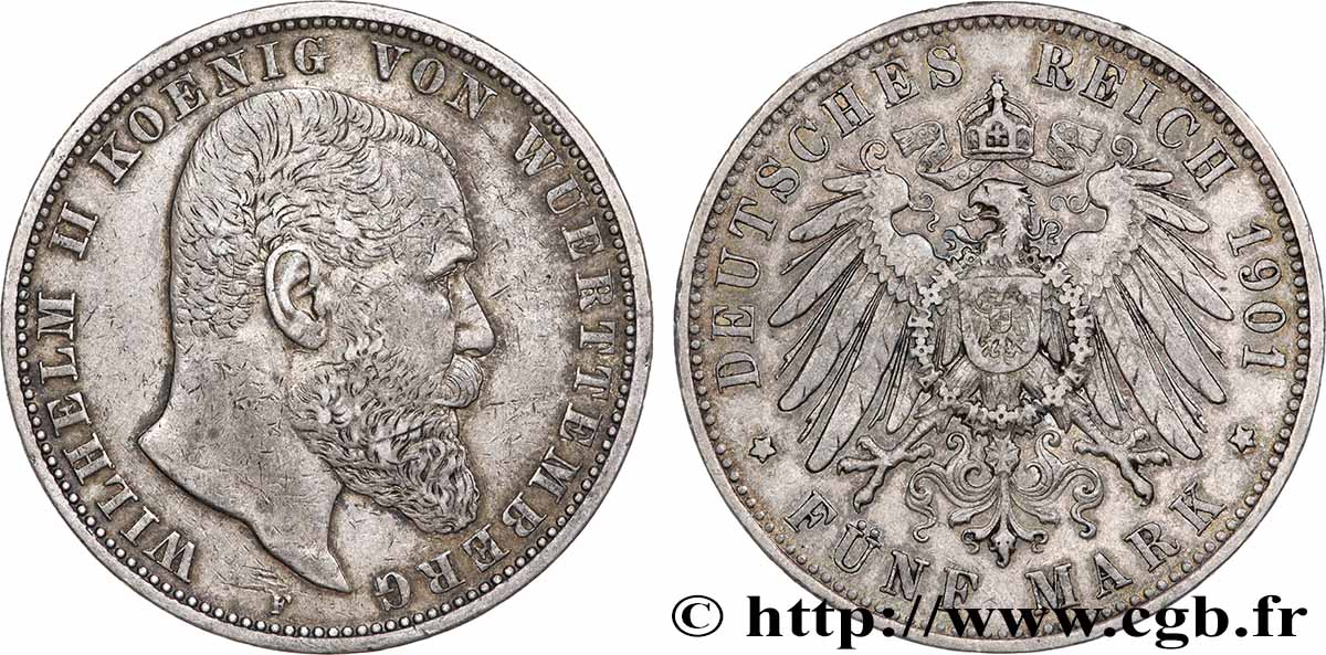 ALLEMAGNE - ROYAUME DE WURTTEMBERG - GUILLAUME II 5 Mark 1901 Stuttgart TTB