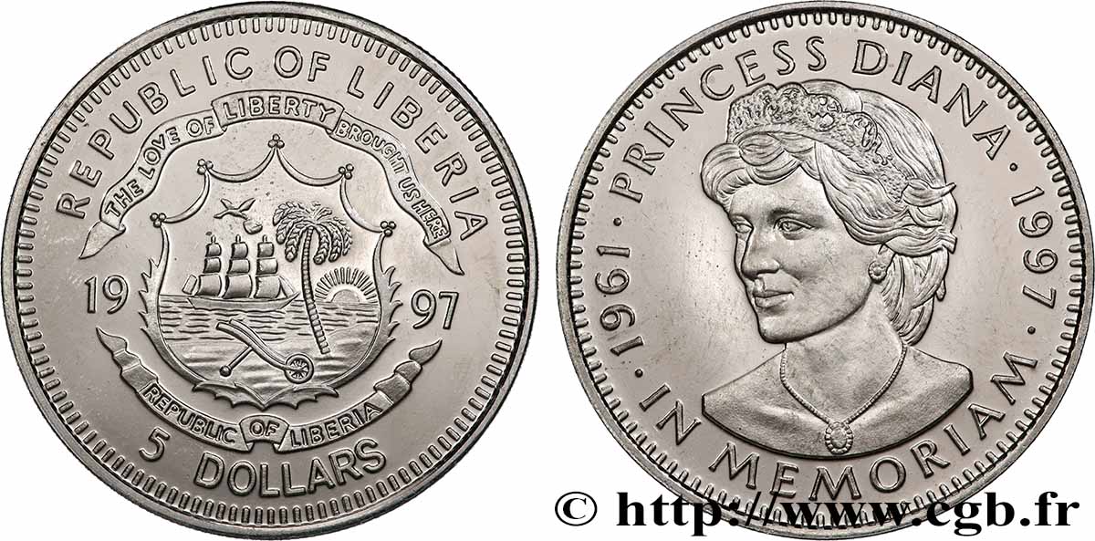 LIBERIA 5 Dollars Proof Princesse Diana 1997 fST